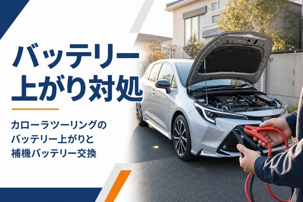 駐車場のステーションワゴンの前でブースターケーブルを持つ手元