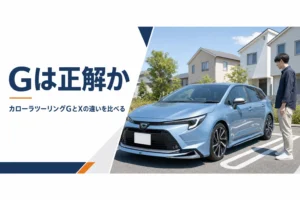 住宅街に停まるブルーのステーションワゴン
