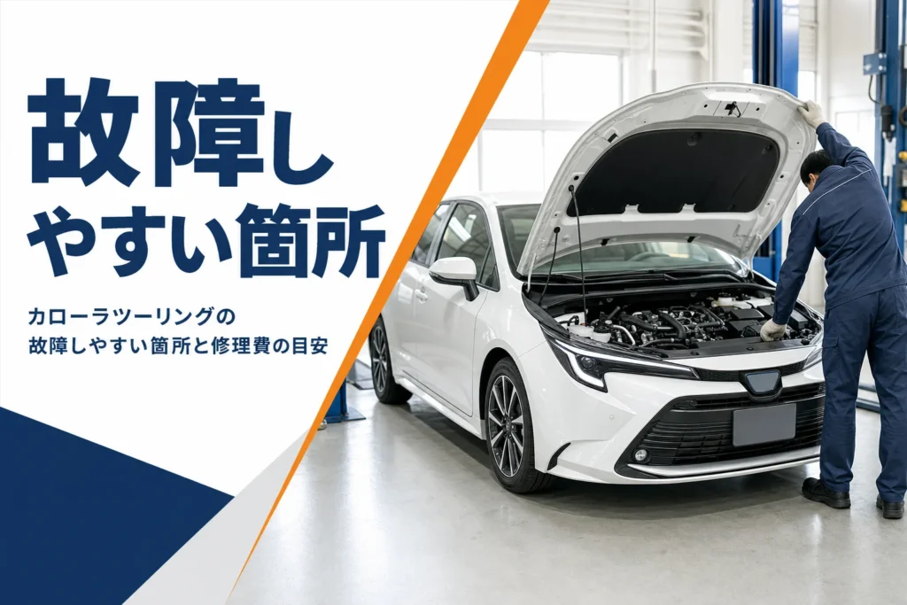 整備工場でボンネットを開けて点検中のステーションワゴン