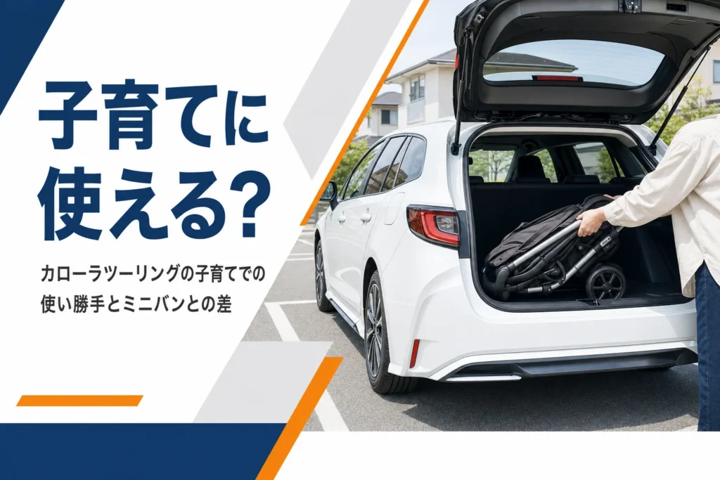 ステーションワゴンの荷室に畳んだベビーカーを積む様子