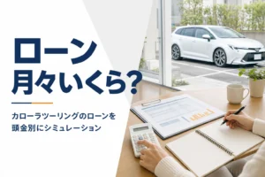 見積書と電卓でカローラツーリングのローンを計算している様子