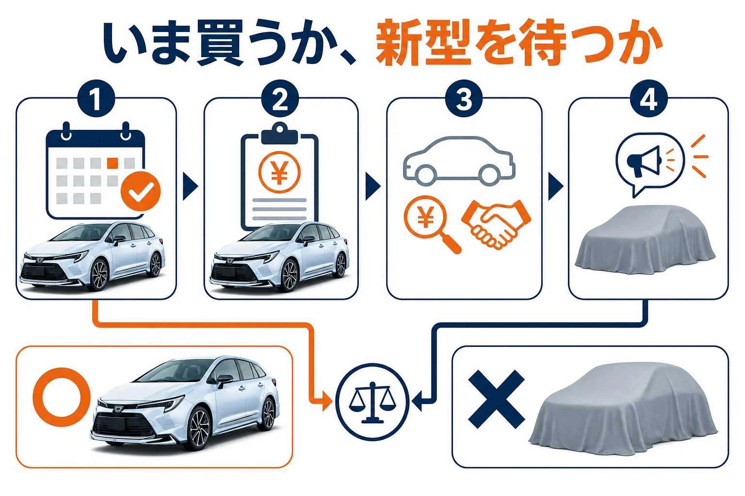 いま買うか新型を待つかの判断の流れの図解