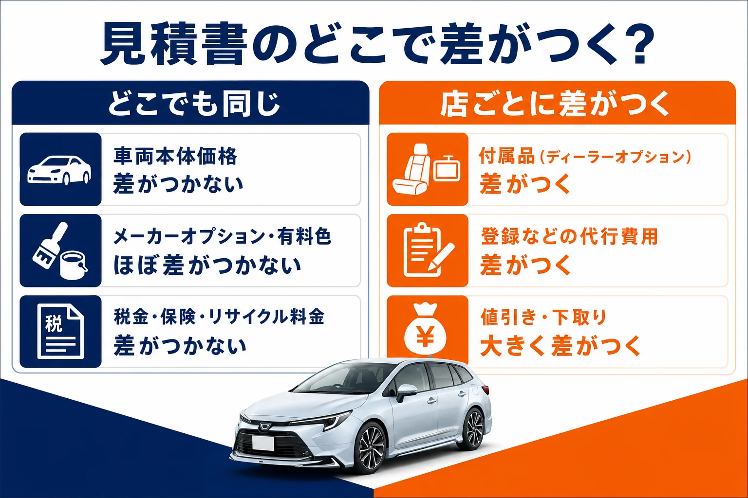 カローラツーリングの見積書の欄と店ごとに差がつく場所の図解