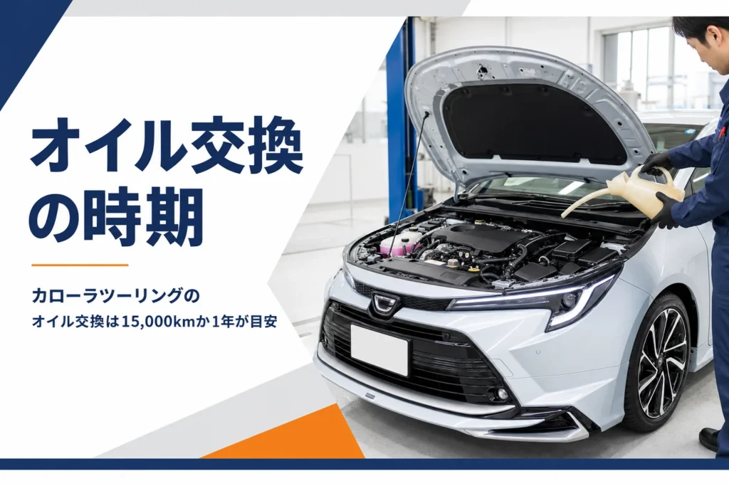 ボンネットを開けたステーションワゴンとオイル交換の準備