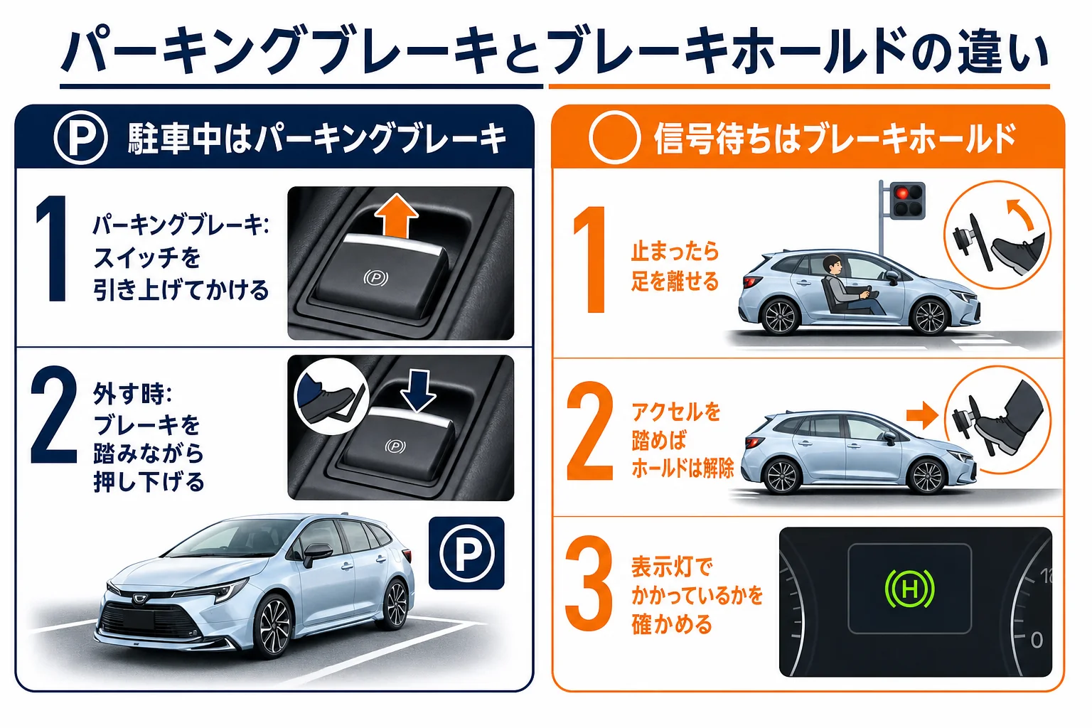 電動パーキングブレーキとブレーキホールドの違いを並べた図解