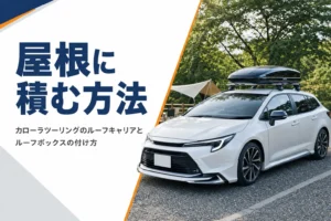 屋根にルーフボックスを載せてキャンプ場に停まるワゴン