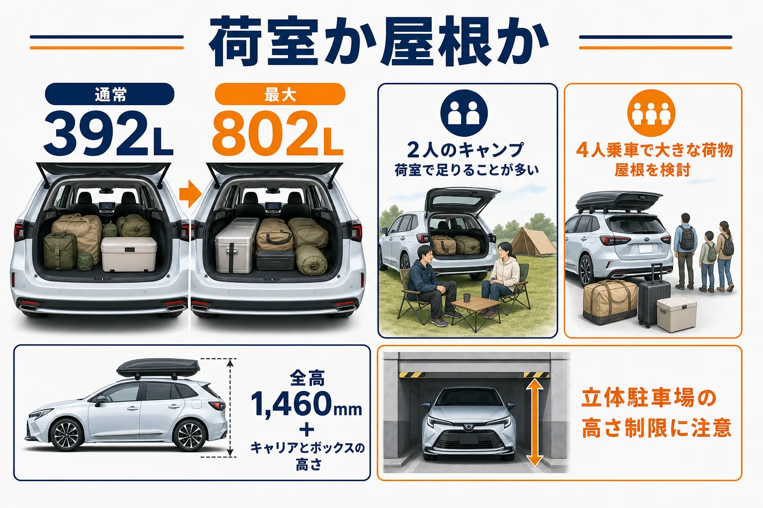 カローラツーリングで荷室で足りる荷物と屋根を使いたい荷物を分けた図解