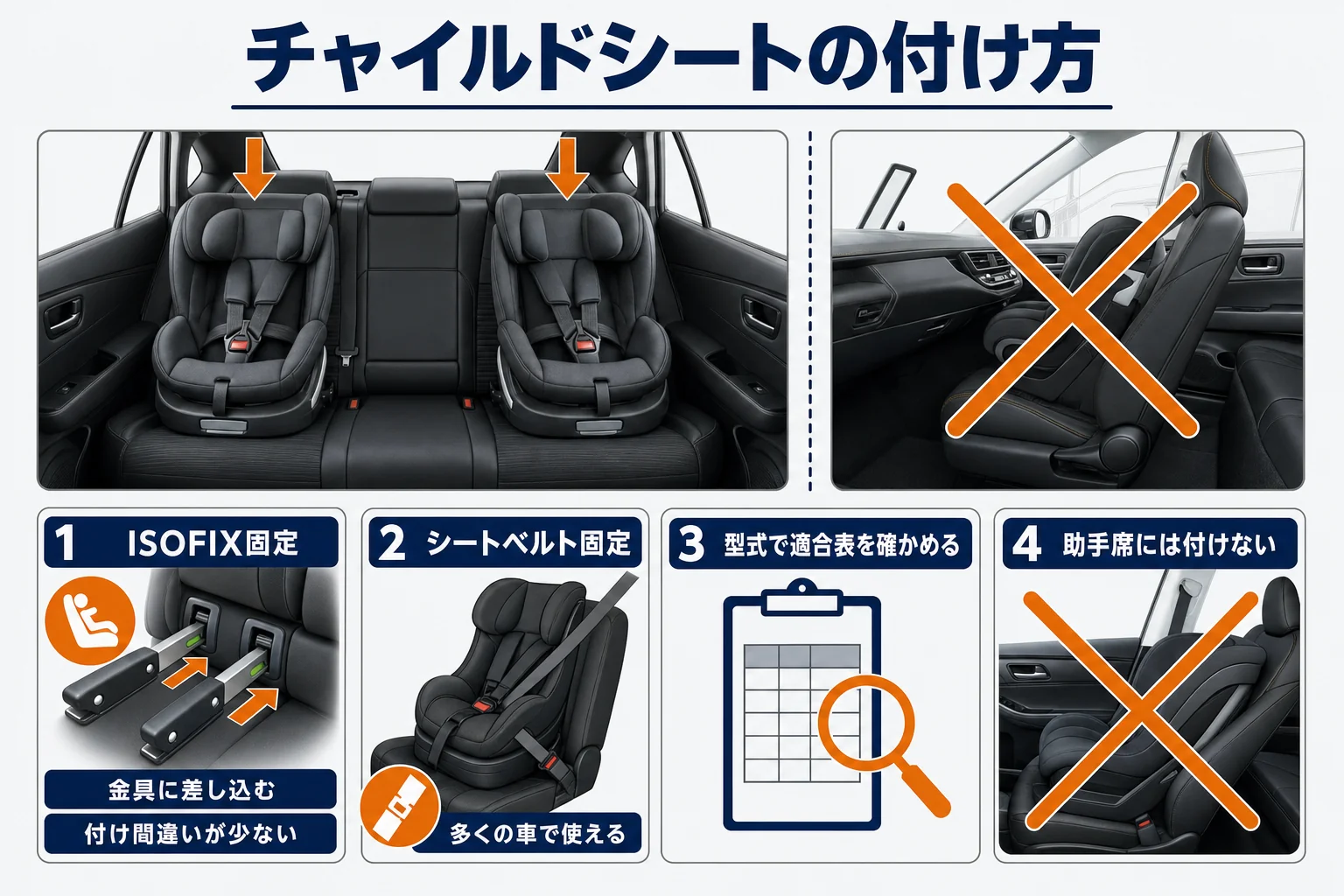 チャイルドシートの付け方とISOFIX・シートベルト固定の違いを並べた図解