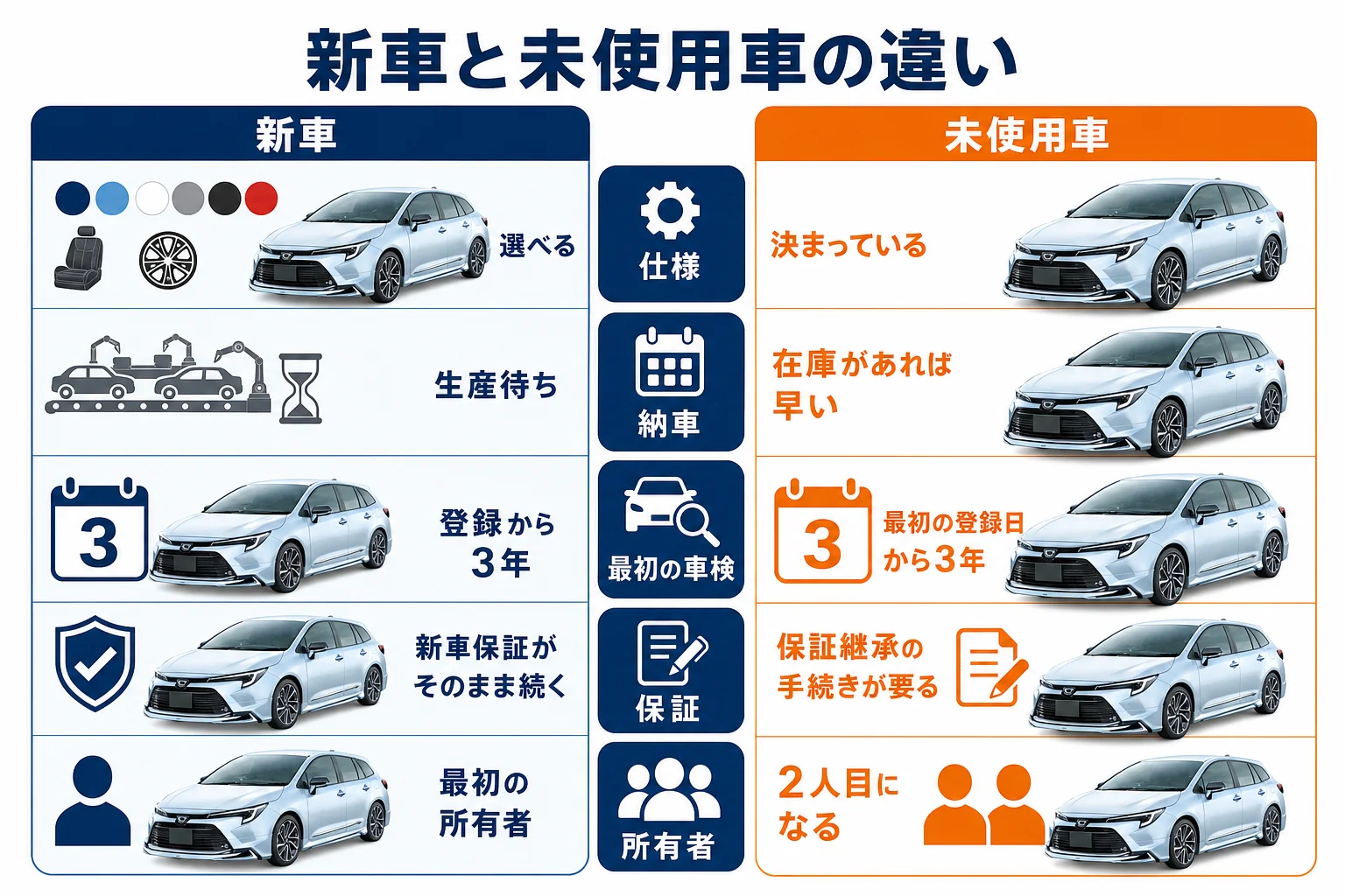 新車と未使用車の違いを比べた図解