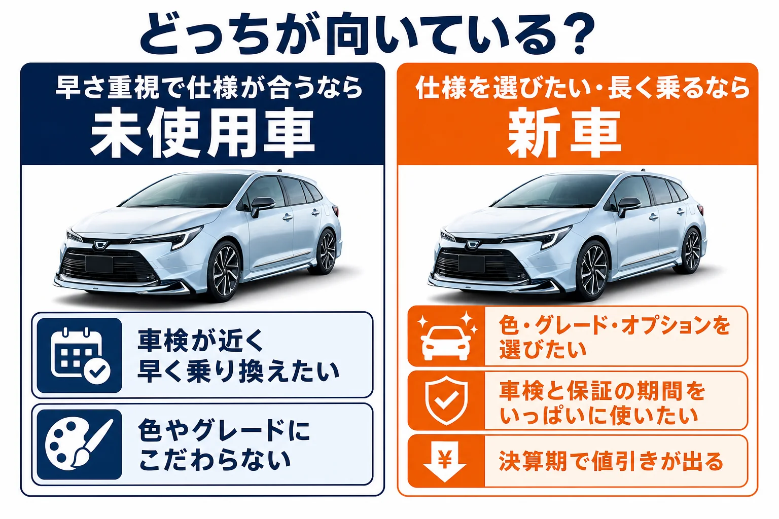 未使用車が向いている人と新車が向いている人の図解