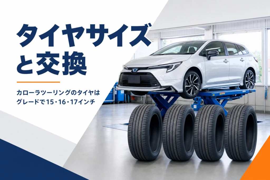 タイヤ交換中のステーションワゴンと新品タイヤ