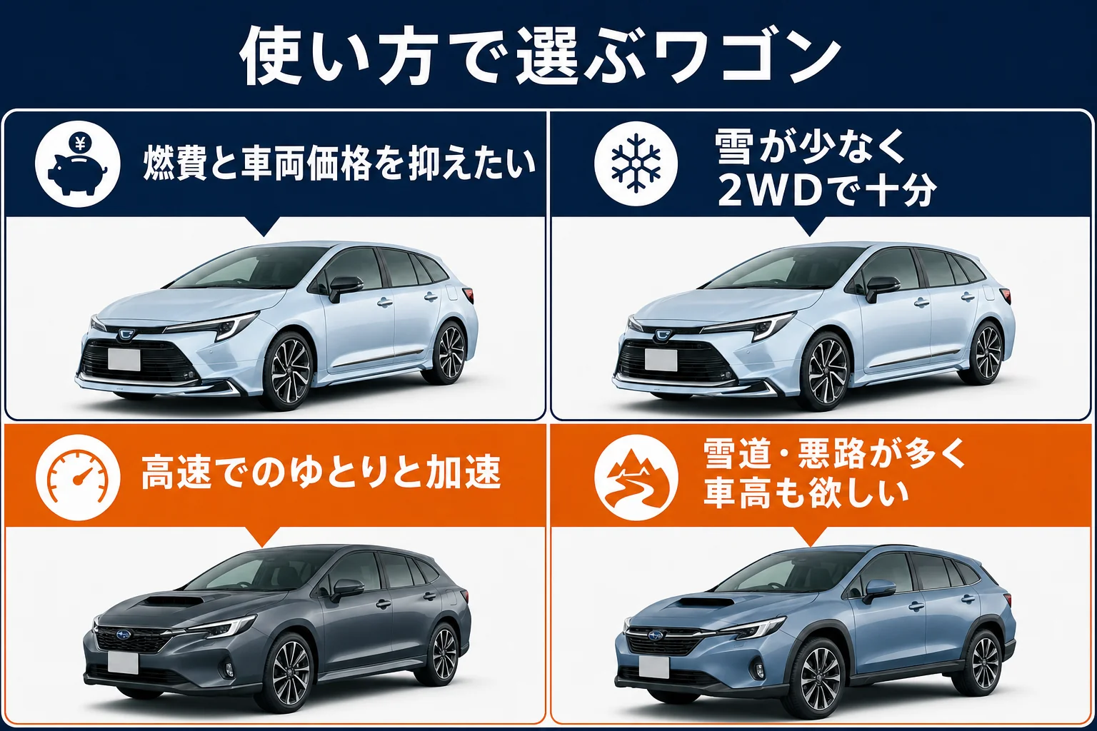 使い方ごとにカローラツーリングとレヴォーグ系を選び分ける図解