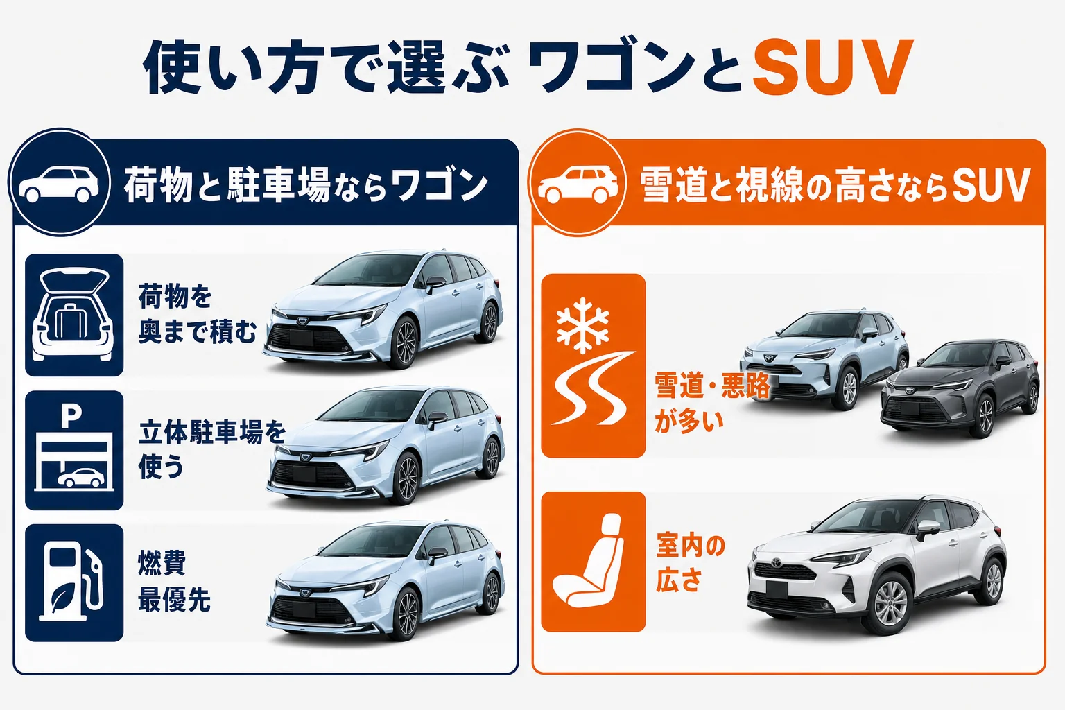 使い方別にツーリングとSUVの向き不向きをまとめた図解